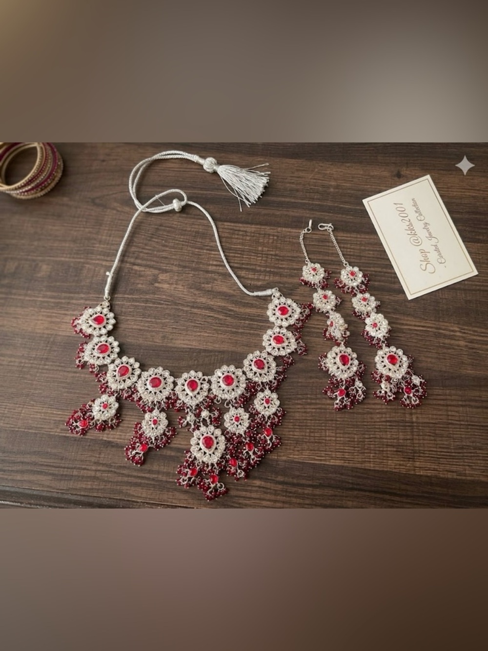 Elegant Red and Silver Statement Necklace & Earrings Set - Picture 6 of 6